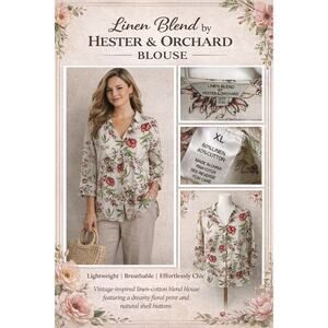 VTG Hester & Orchard Linen Blend Floral Blouse XL Cottagecore Button Front Top